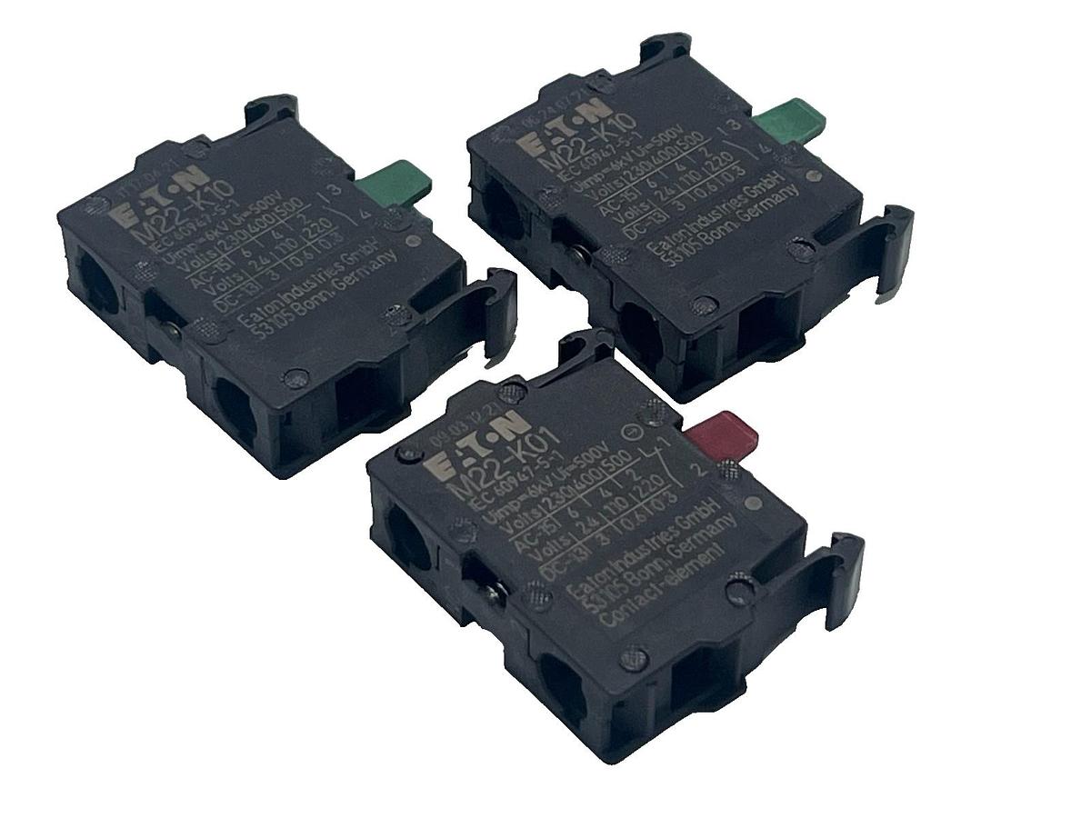 Used LOT OF 3 EATON CONTACT BLOCKS, (2) - M22-K10 & (1) M22-K01