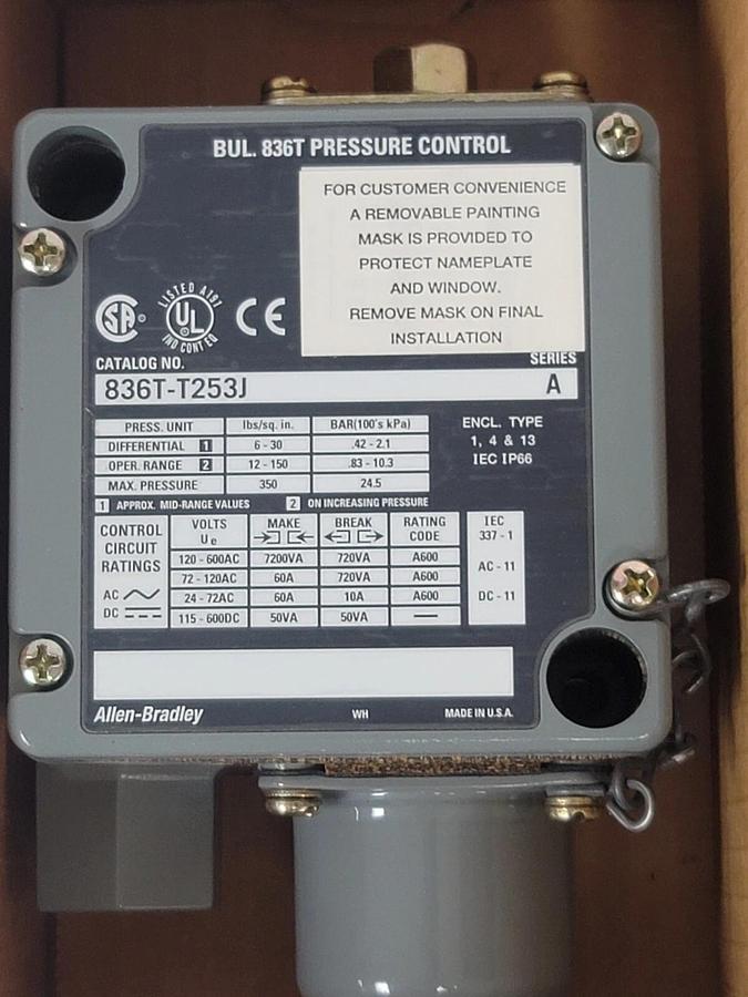 Used NIB ALLEN BRADLEY 836T-T253J SER. A PRESSURE CONTROL