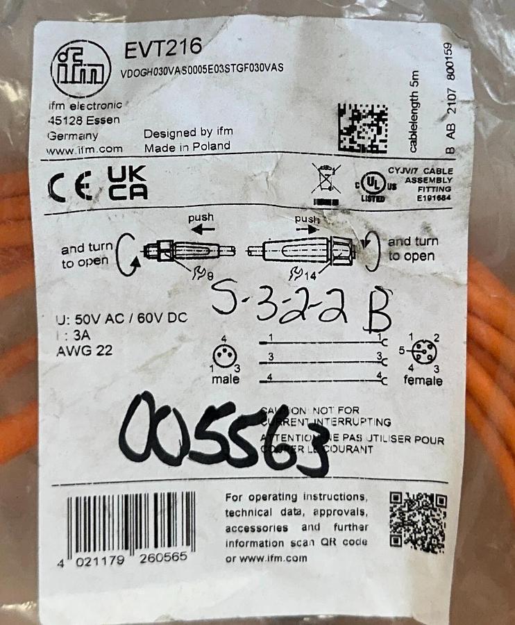 Used 2 IFM VDOGH030VAS0005E03STGF030VAS / EVT216 CONNECTION CABLE 5M 50VAC/60VDC NSFS