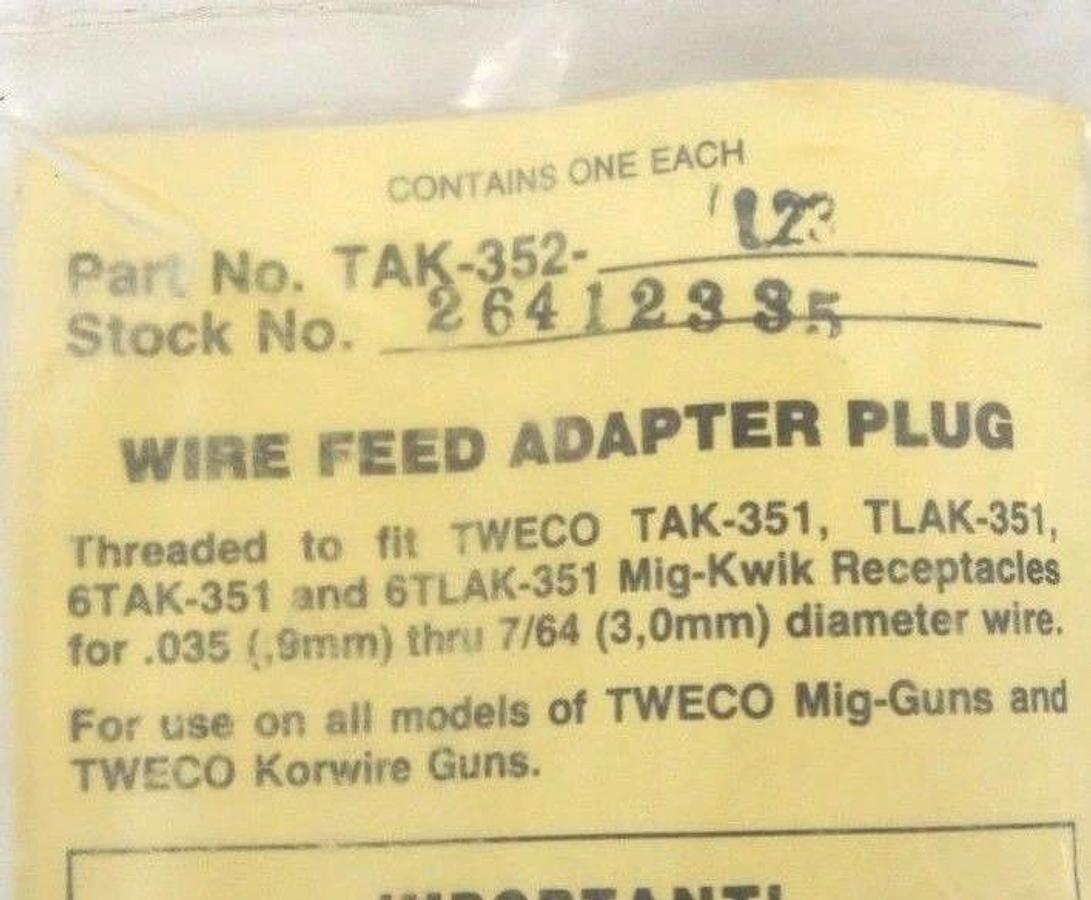 Used NIB TWECO THERMADYNE TAK-352-L23 WIRE FEED ADAPTER PLUG 26412335