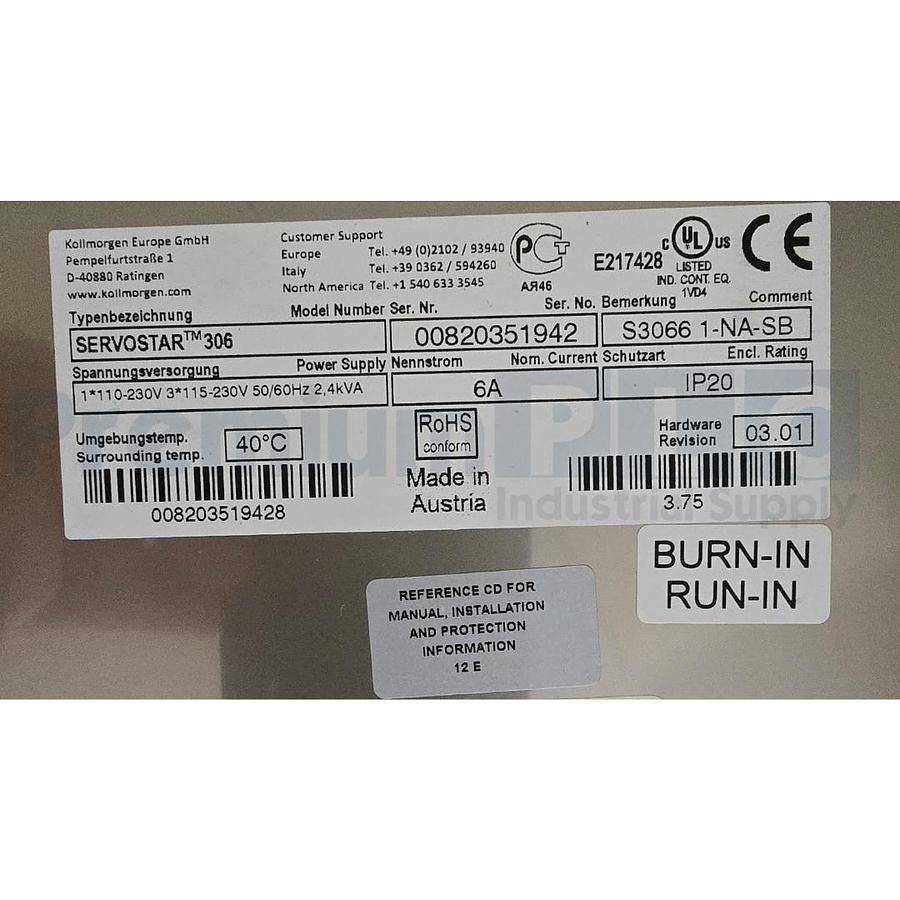 Used DANAHER KOLLMORGEN SERVOSTAR 306 DIGITAL SERVO AMPLIFIER S30661-NA-SB NSMP