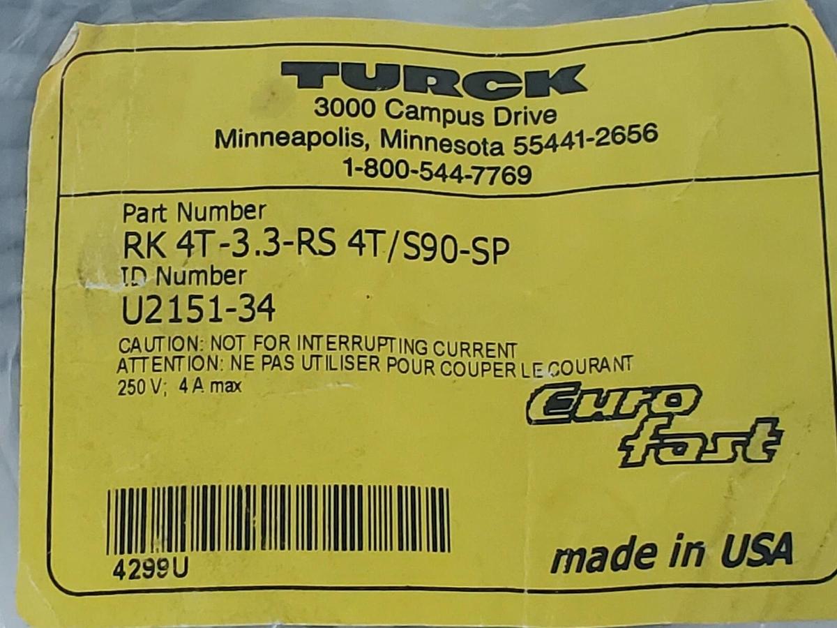 Used NEW TURCK RK 4T-3.3-RS 4T/S90-SP EUROFAST MOLDED CORDSET ID NO. U2151-34
