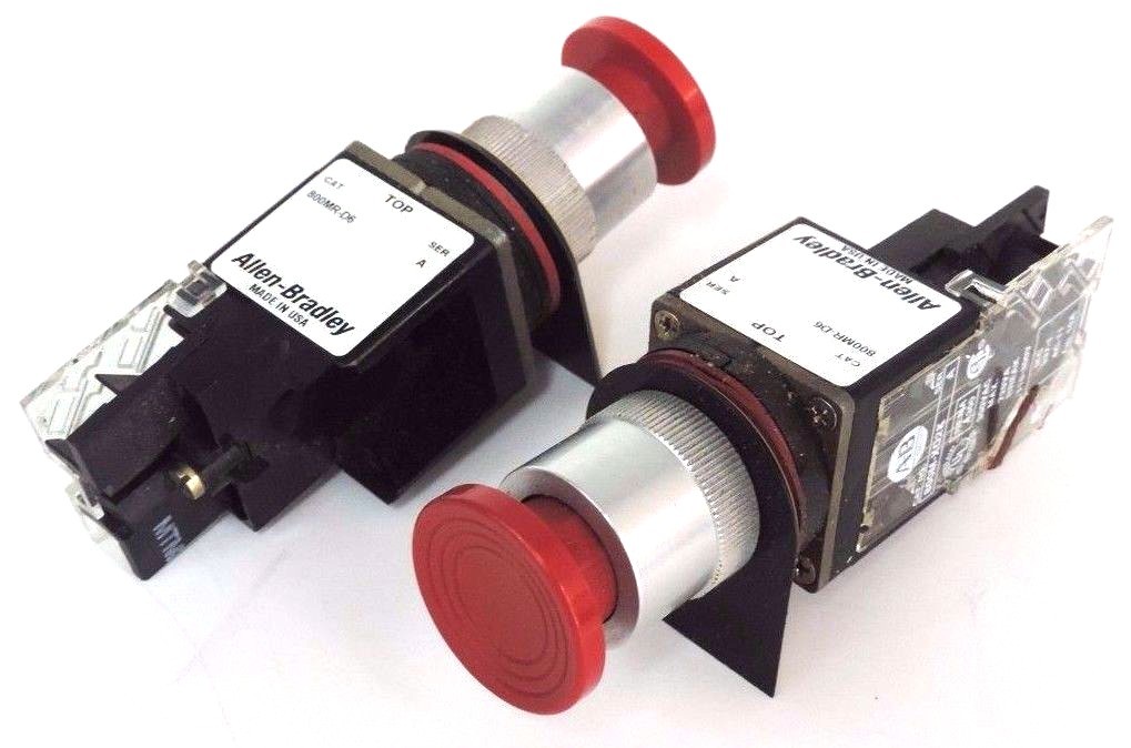 Used LOT OF 2 ALLEN BRADLEY 800MR-D6 PUSHBUTTONS SER. A W/ 800M-XD2K SER. A CONTACTS