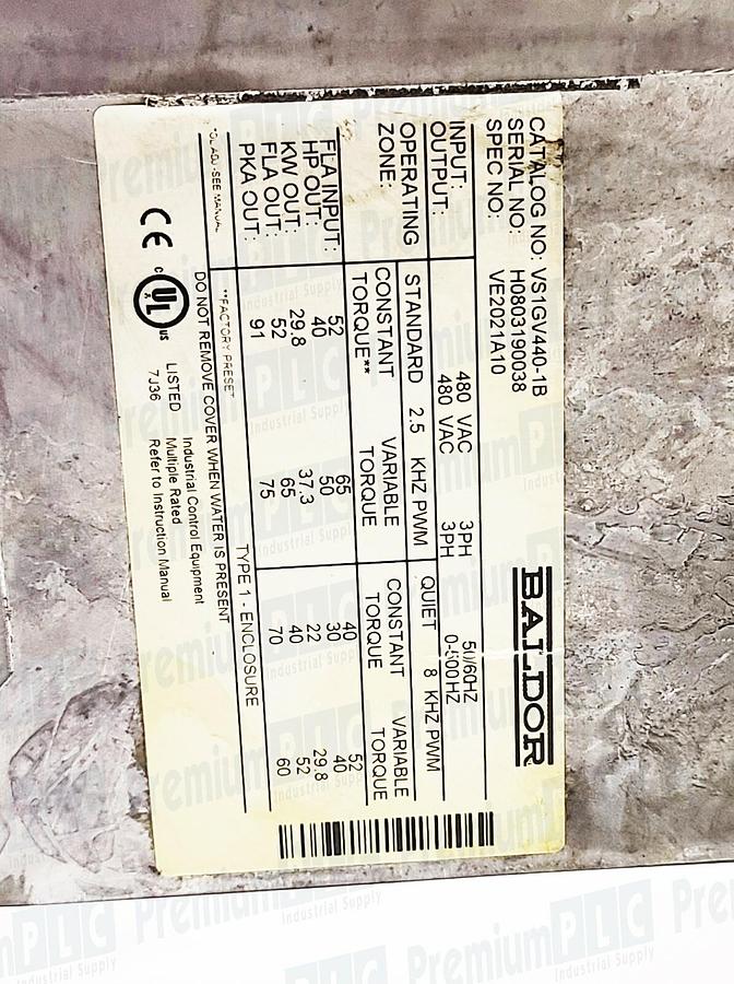 Used REPAIRED ABB BALDOR VS1GV440-1B 40HP 480VAC H2 VECTOR DRIVE SPEC NO: VE2021A10