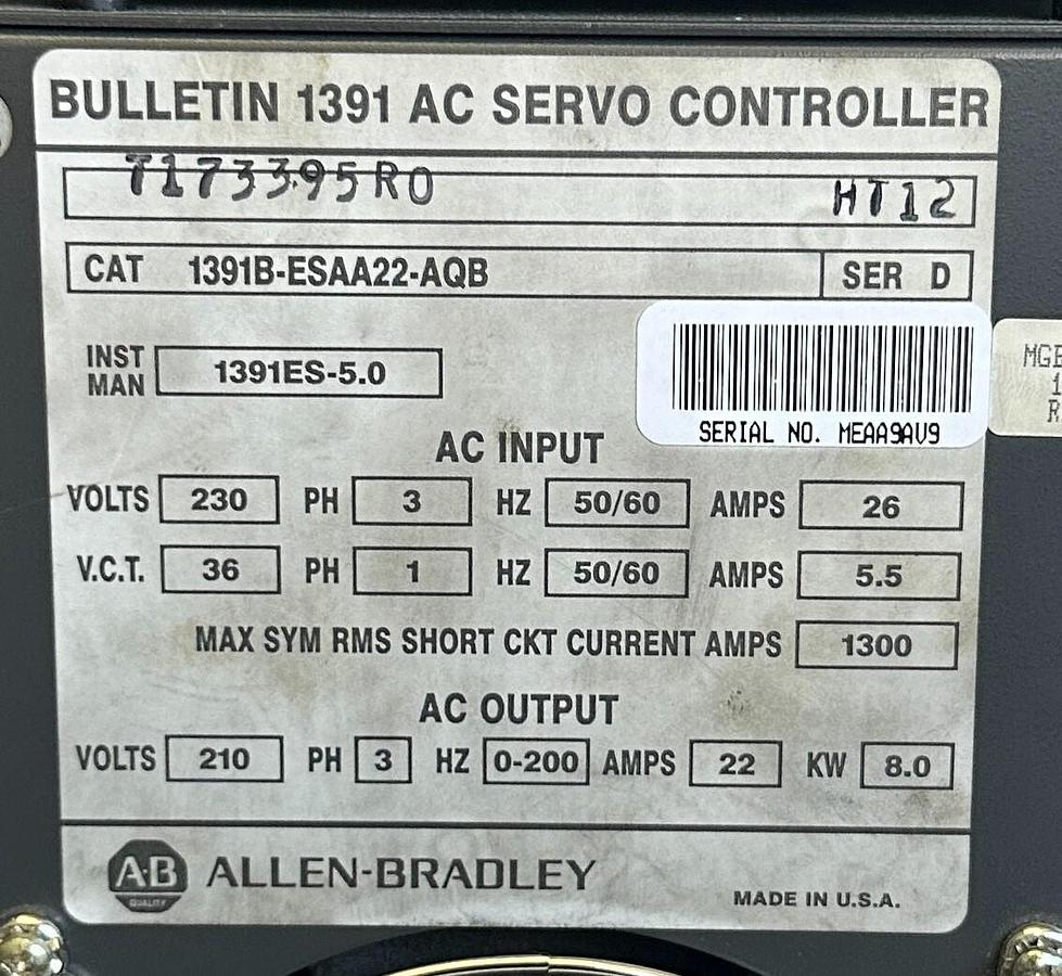 Used ALLEN BRADLEY 1391B-ESAA22-AQB /D AC SERVO CONTROLLER 8kW 22A 1391BESAA22AQB