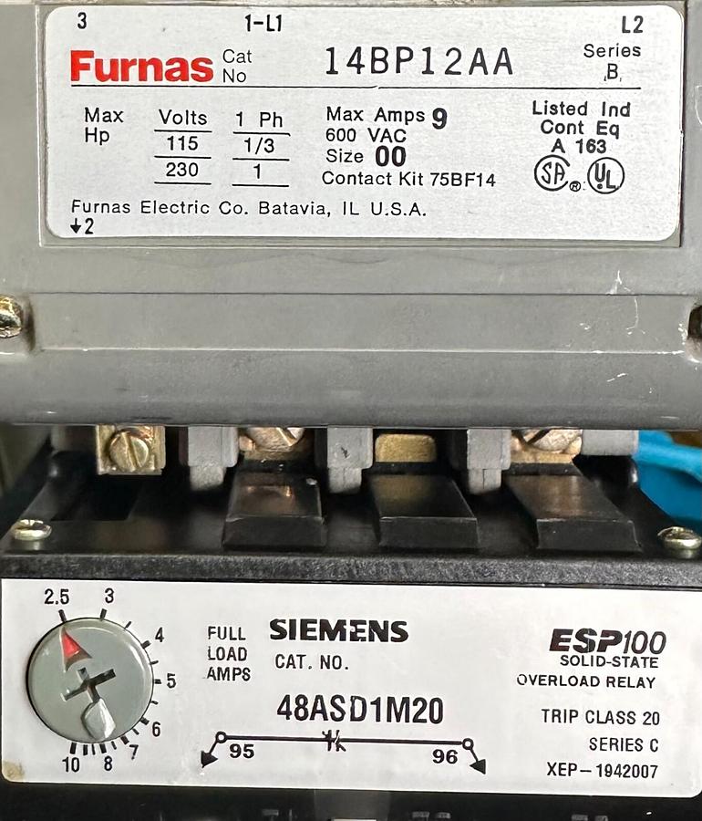 Used SIEMENS FURNAS 14BP12AA MAGNETIC STARTER 1/3-1HP 115/230V 00 W/ 48ASD1M20 RELAY