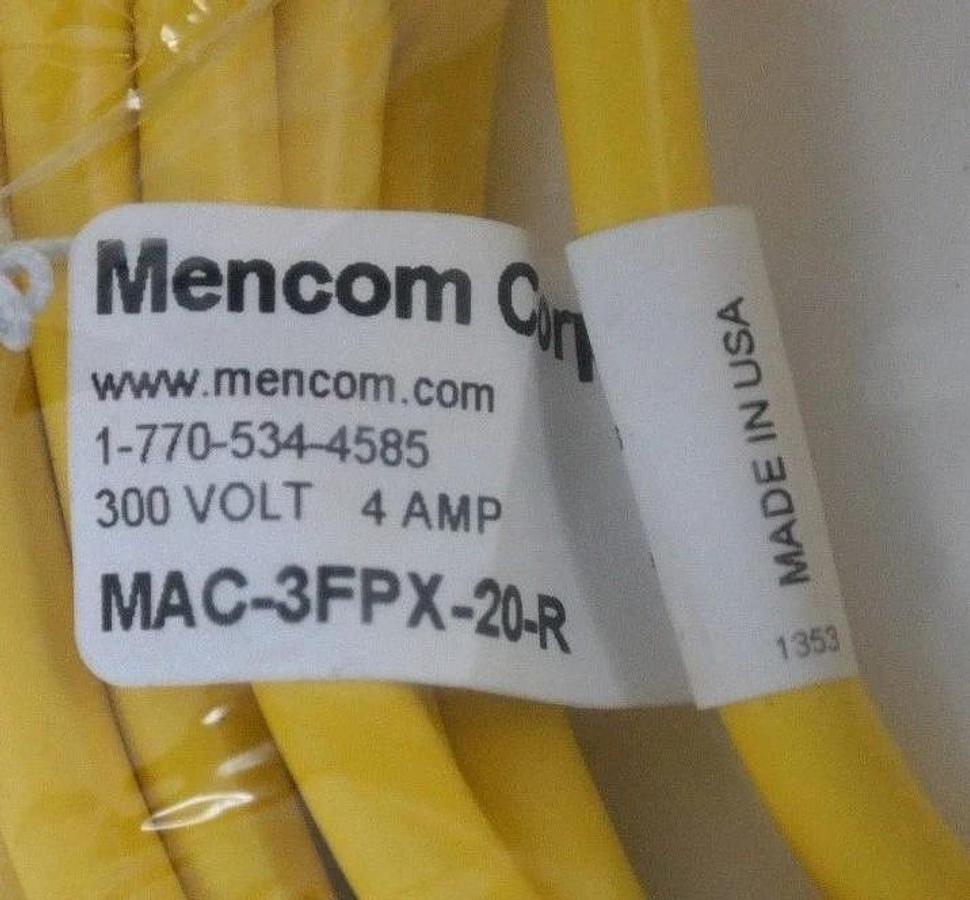 Used NEW MENCOM MAC-3FPX-20-R MICRO-AC SERIES CORDSET 300V, 4A, 3P, 20FT, MAC3FPX20R