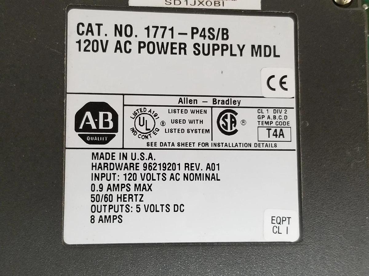 Used ALLEN BRADLEY 1771-P4S/B POWER SUPPLY 120VAC 96219201 REV. A01 SER. B 1771-P4S
