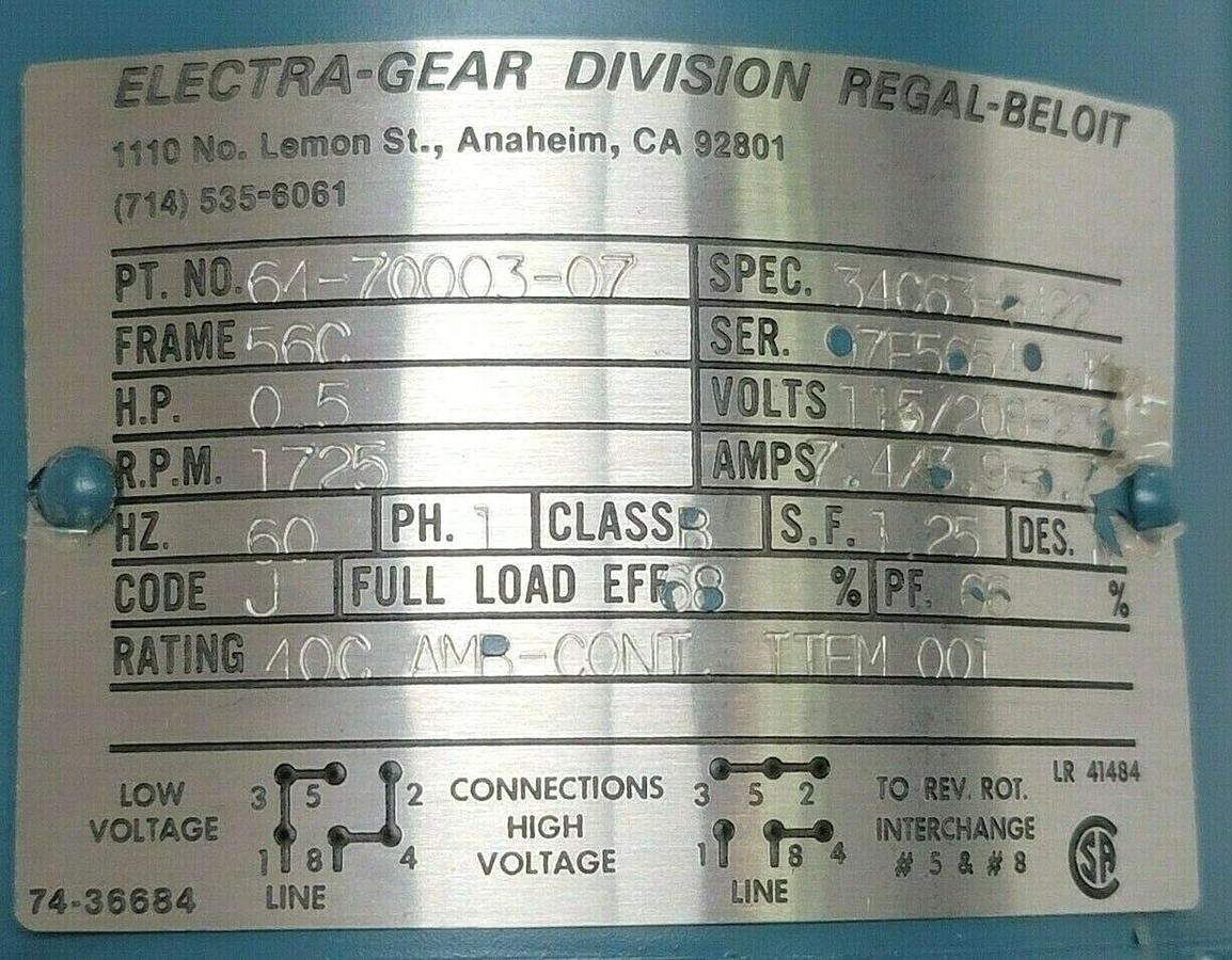 Used ELECTRA-GEAR 64-70003-07 FRAME 56C H.P. 0.5 RPM: 1725 W/ 17RLSC5 RATIO: 12.5/1