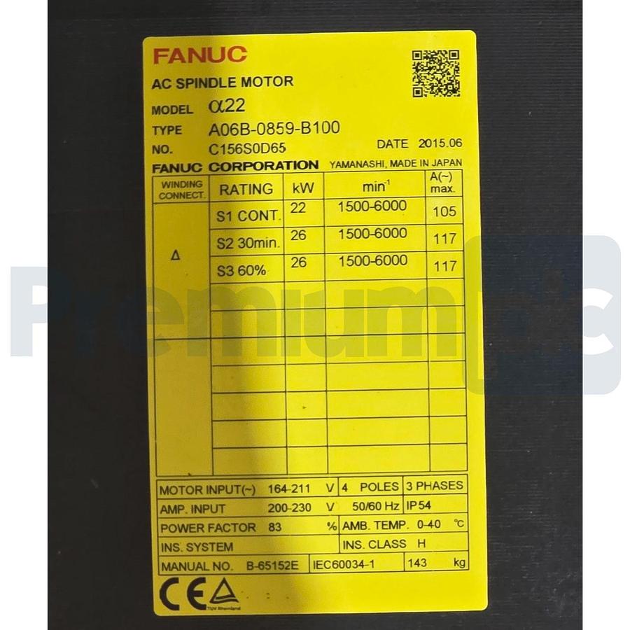 FANUC A06B-0859-B100 Alpha α22 AC Spindle Motor 6000RPM 22kW 3PH NSMP (read)