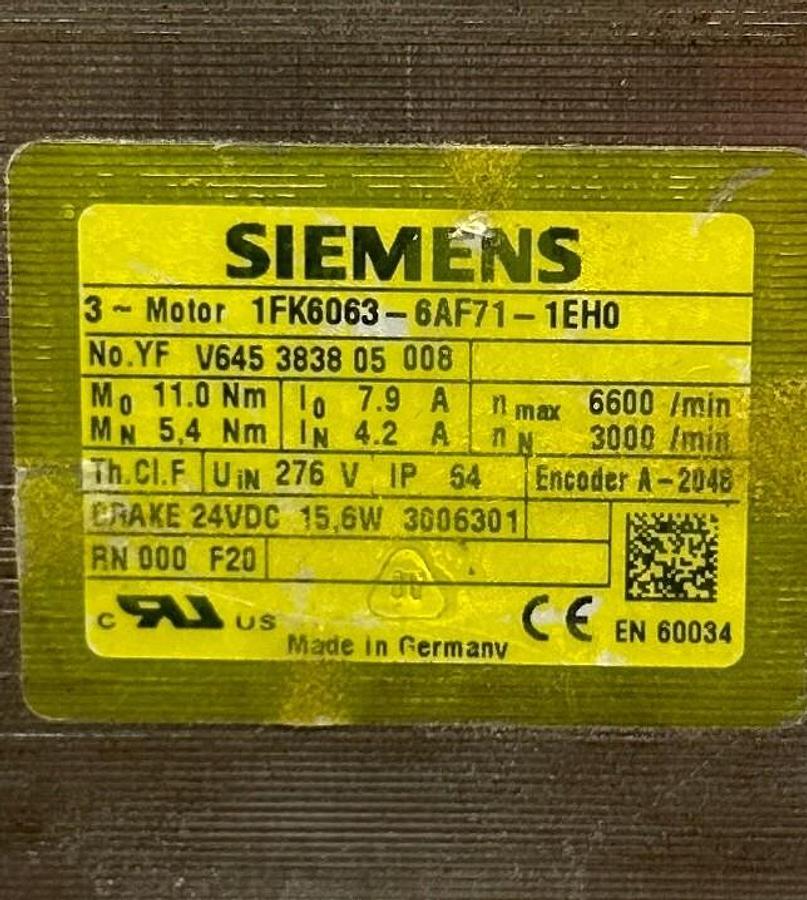 Used SIEMENS 1FK6063-6AF71-1EH0 SERVO MOTOR 11Nm w/ BRAKE 1FK60636AF711EH0 REPAIRED