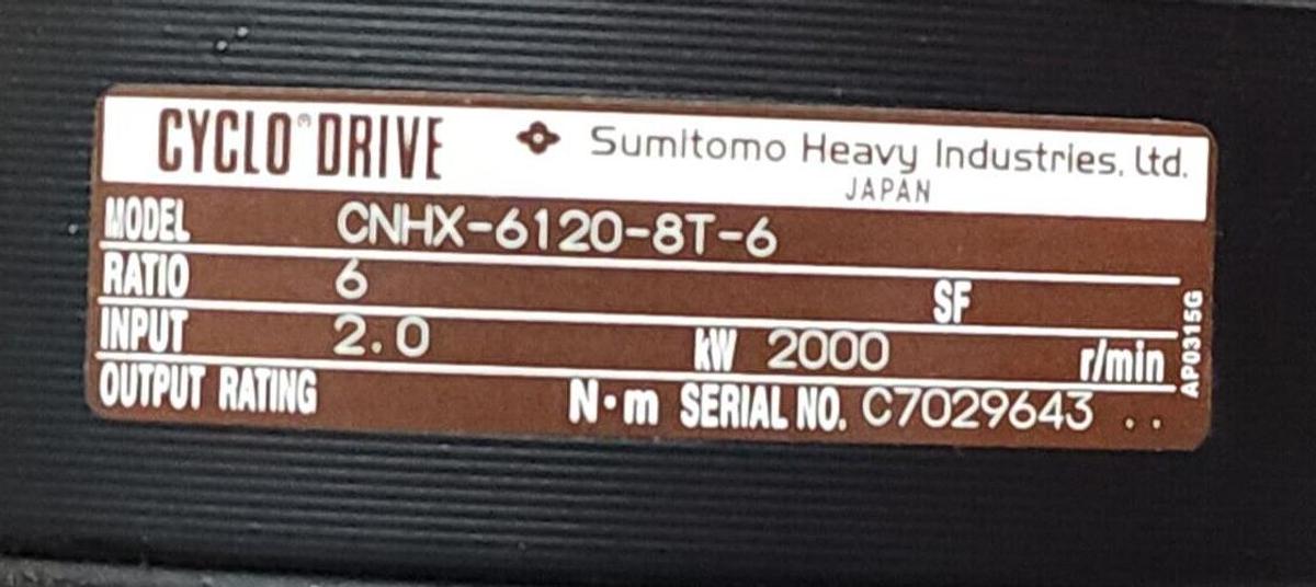Used NEW SUMITOMO CNHX-6120-8T-6 CYCLO DRIVE RATIO: 6 INPUT: 2.0 KW: 2000