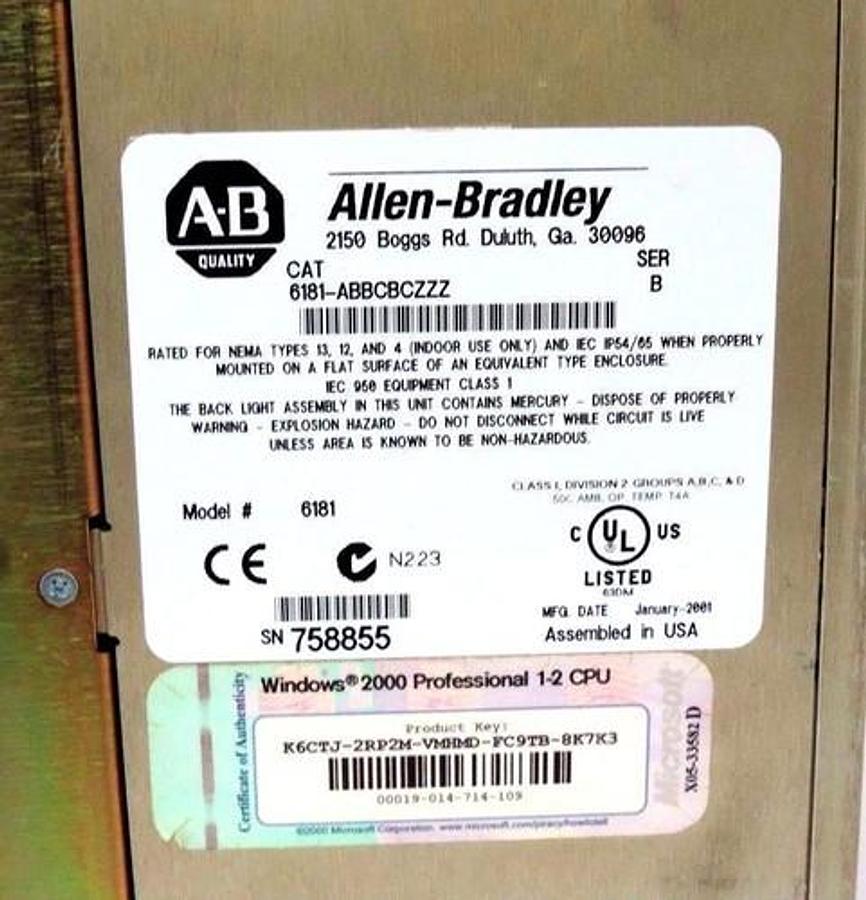 Used ALLEN BRADLEY 6181-ABBCBCZZZ SER. B INDUSTRIAL COMPUTER PANEL 6181ABBCBCZZZ