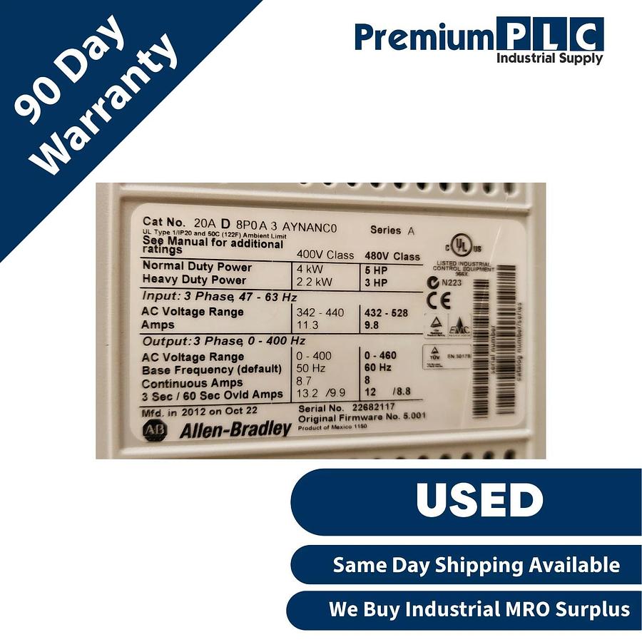 Used ALLEN BRADLEY 20AD8P0A3AYNANC0 /A POWERFLEX 70 AC DRIVE 8A 5HP 480V FRN. 5.001