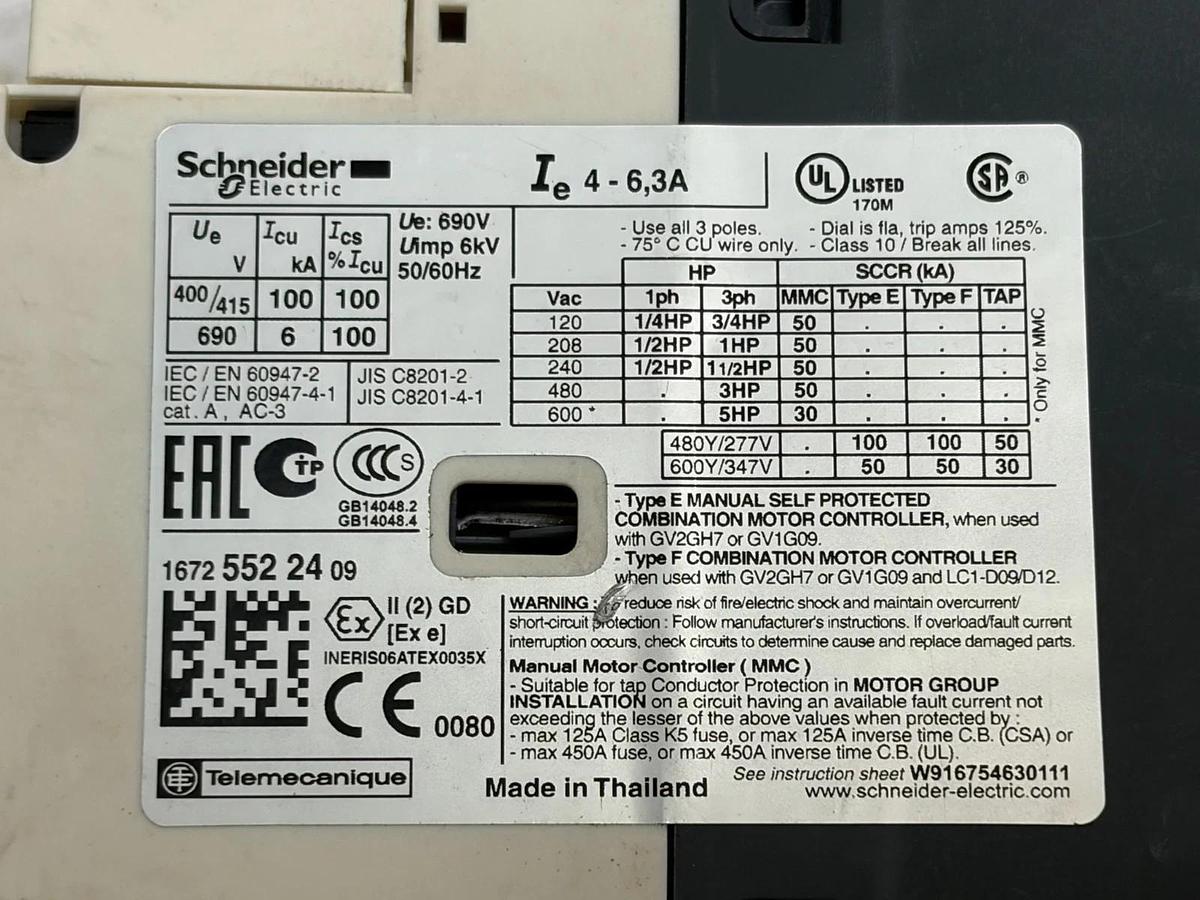 Used Schneider Electric GV2-P10 TeSys Motor Manual Starter Circuit Breaker 4-6.3A