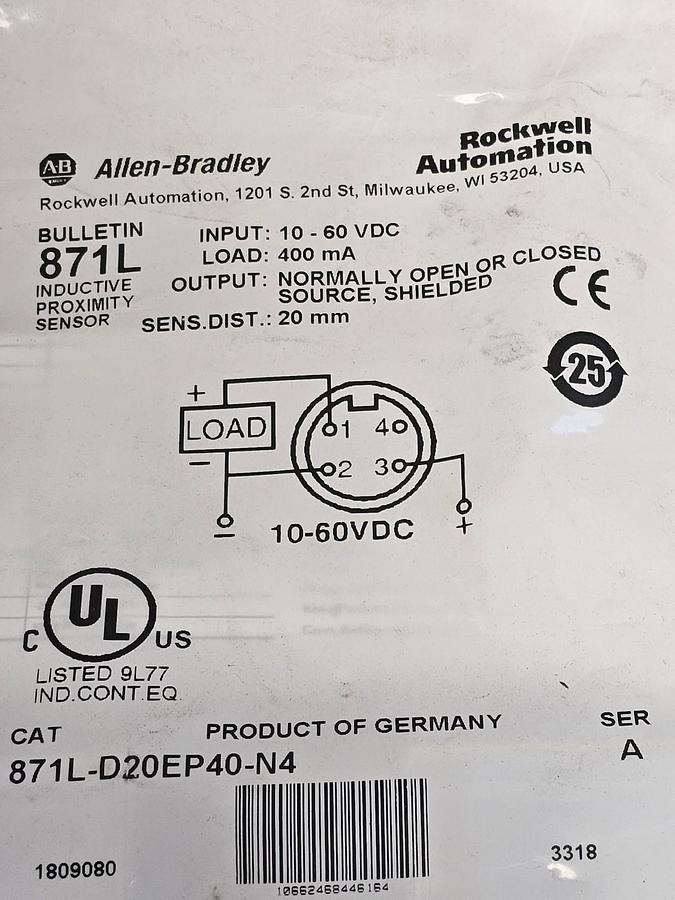 NEW ALLEN BRADLEY 871L-D20EP40-N4 PROXIMITY SWITCH 871LD20EP40N4 SER. A