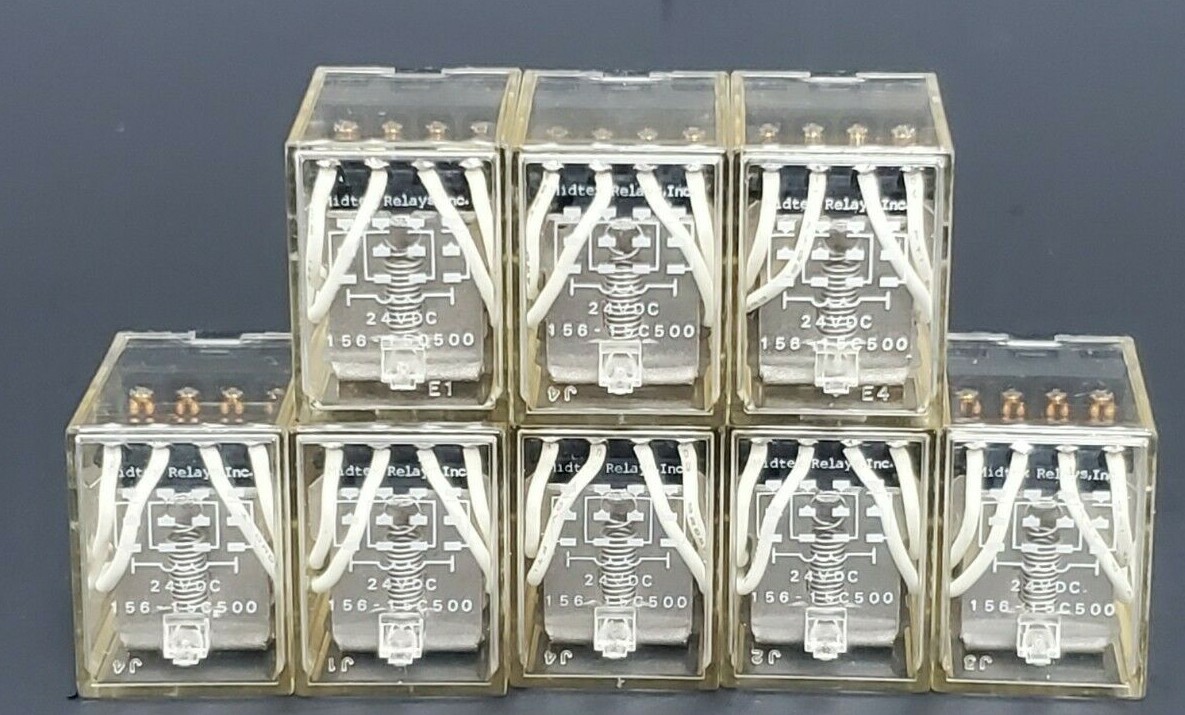 Used LOT OF 8 MIDTEX RELAY INC. 156-15C500 RELAYS 15615C500, 24VDC