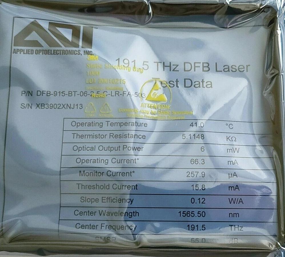 Used APPLIED OPTPELECTRONICS AOI DFB-915-BT-06-2.5-C-LR-FA-503 TOSA MODULE W/ LASER