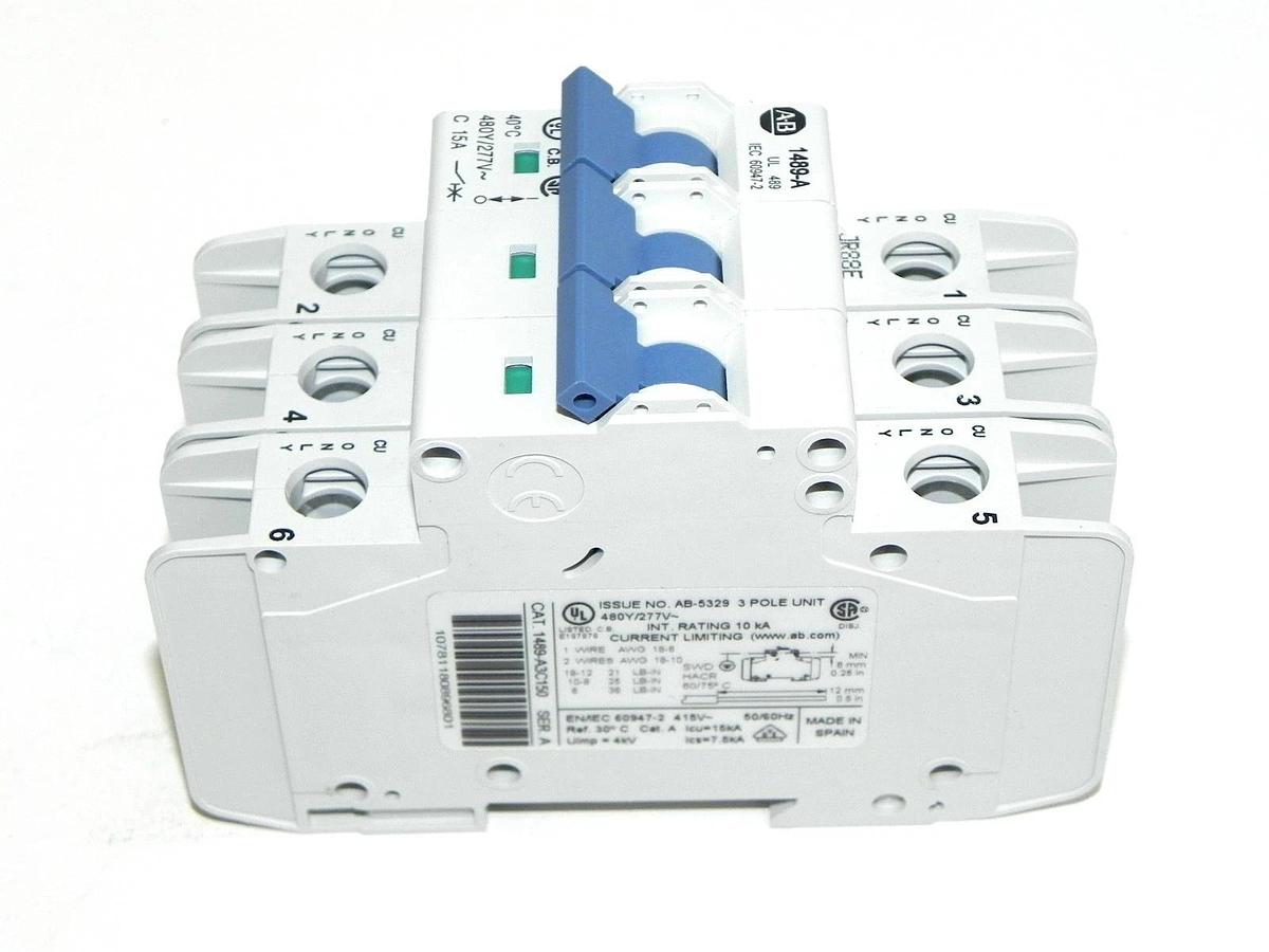 Used ALLEN BRADLEY 1489-A3C150 CIRCUIT BREAKER 15A, 3P, SER. A 1489A3C150