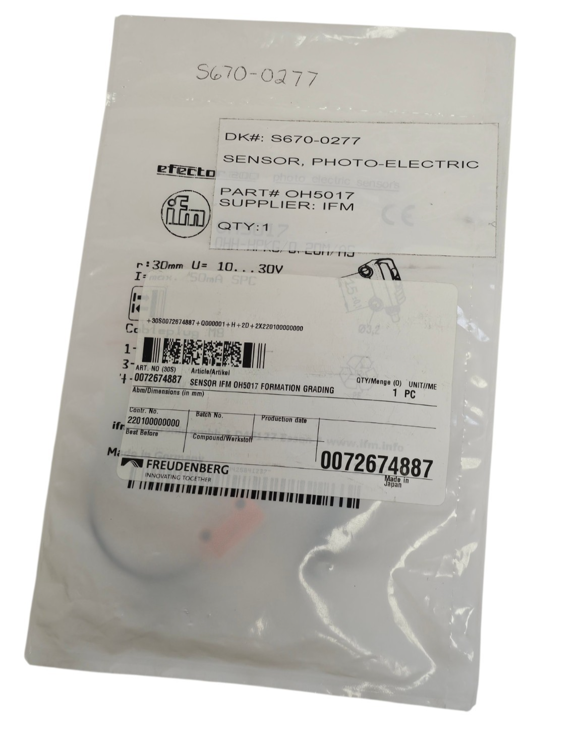 NEW IFM EFECTOR OHH-HPKG/0,20M/AS DIFFUSE REFLECTION SENSOR OH5017