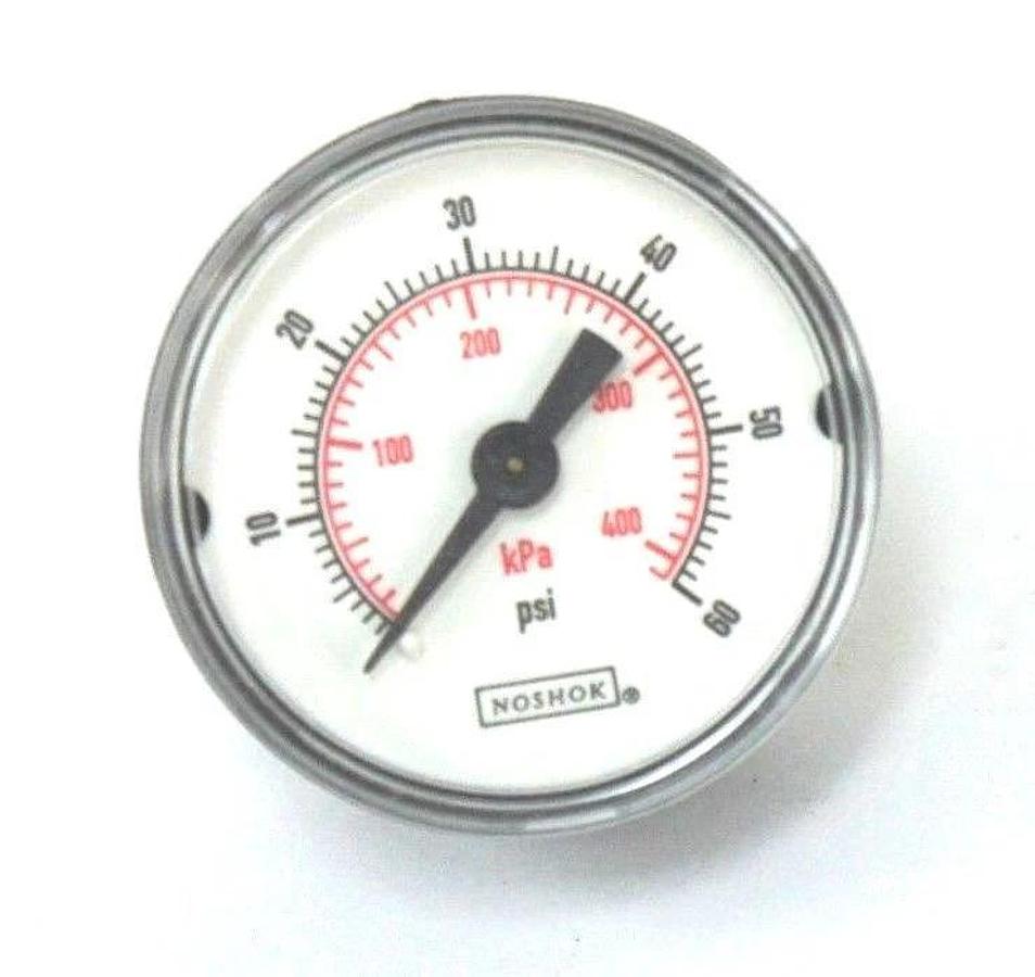 Used NIB NOSHOK 15-130-60 PRESSURE GAUGE 0-60PSI, 0-410KPA, 1/8" NPT BACK CONN