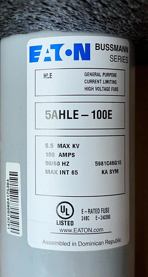 NEW EATON 5AHLE-100E / 5981C46G10 BUSSMANN SERIES LIMITING FUSE 5.5kV 100A NSMP