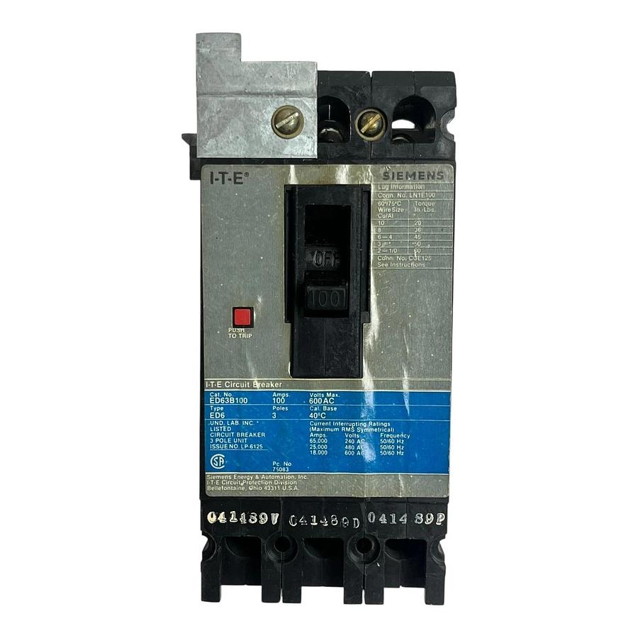 Used Siemens I-T-E ED63B100 Circuit Breaker 3 Pole 100A 600V ED6 w/ Bracket