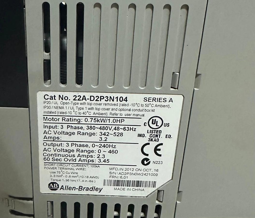 Used ALLEN BRADLEY 22A-D2P3N104 /A POWERFLEX 4 AC DRIVE 0.75kW/1.0HP 22AD2P3N104