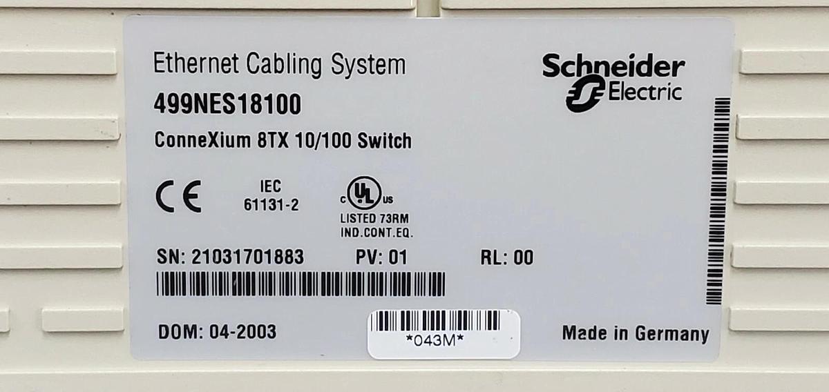 Used TELEMECANIQUE MODICON 499NES18100 CONNEXIUM 8TX 10/100 SWITCH PV: 01 RL: 00