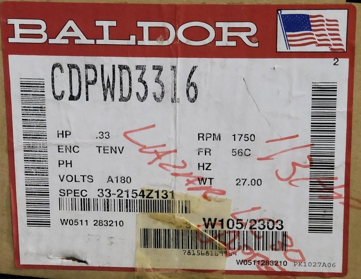 Used NEW ABB BALDOR CDPWD3316 1/3HP ELECTRIC MOTOR 1750RPM 33-2154Z131 TENV