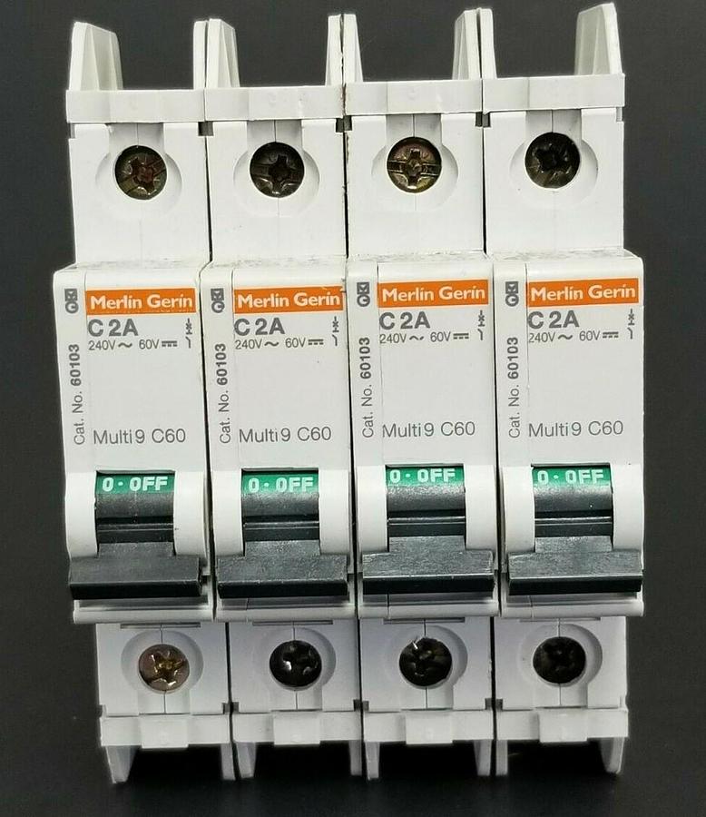 Used LOT OF 4 MERLIN GERIN CAT. NO. 60103 MULTI9 C60 CIRCUIT BREAKERS C2A 240V/60V