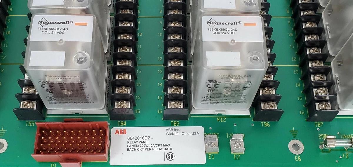 Used ABB 6642016D2 RELAY PANEL 300V, 10A/CKT MAX W/ 788XBX69CL-24D, COIL 24VDC