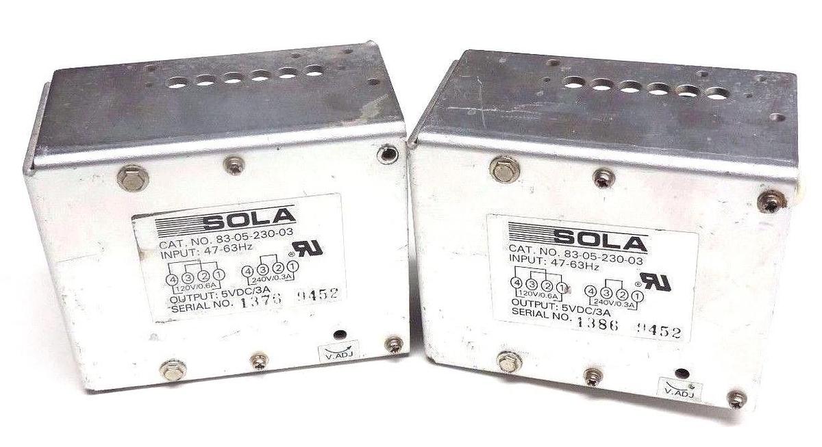 Used LOT OF 2 SOLA 83-05-230-03 POWER SUPPLY 47/63HZ, 5VDC, 3A, 830523003