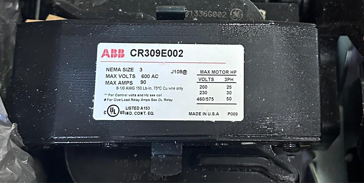 Used NEW ABB GE CR309E002 MAGNETIC STARTER REVERSER SIZE 3 600VAC 90A 25-50HP NSMP
