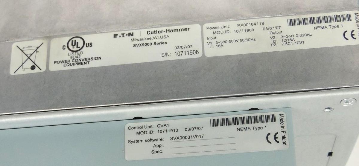 Used EATON CUTLER-HAMMER SVX007A1-4A1B1 DRIVE PU TYPE: PX0016411B CU TYPE: CVA1