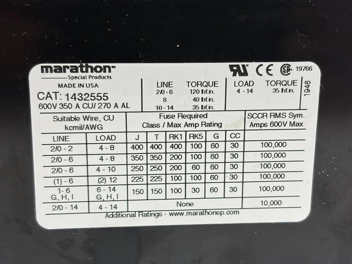 Used Lot of 2 Marathon 1432555 Power Distribution Block 350A 600V 2-Pole New Surplus