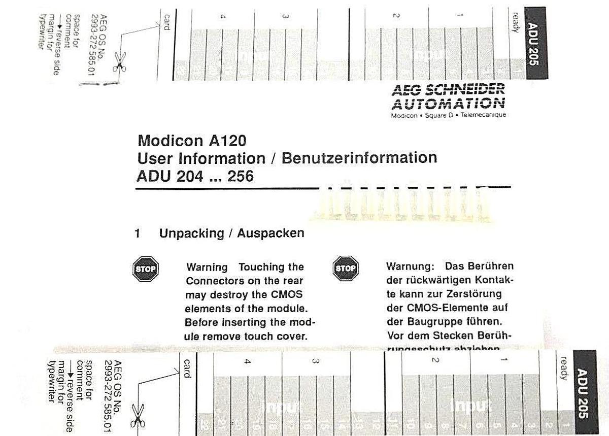 Used NIB AEG MODICON ADU 205 / AS-BADU-205 4-ANALOG MODULE C/N: 6728 REV. 06