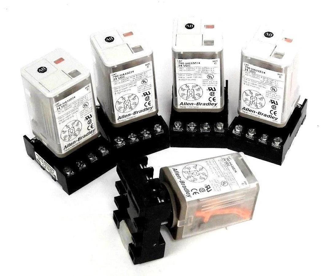Used LOT OF 5 ALLEN BRADLEY 700-HA32Z24 SER.C RELAYS W/ 700-HN125 BASE 700HA32Z24