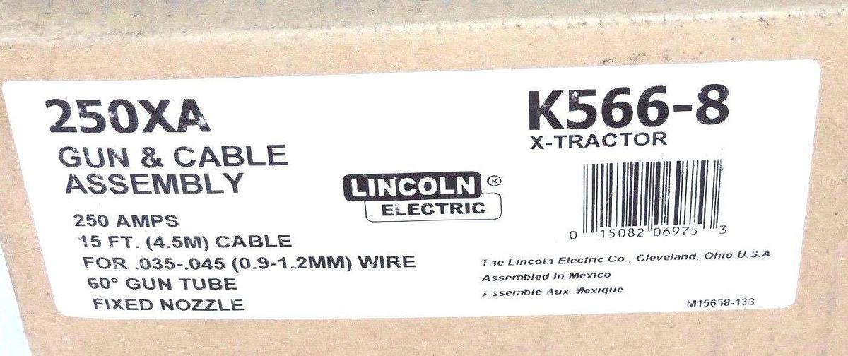 Used NIB LINCOLN ELECTRIC 250XA / K566-8 60° MIG GUN & 15' CABLE X-TRACTOR .035-.045