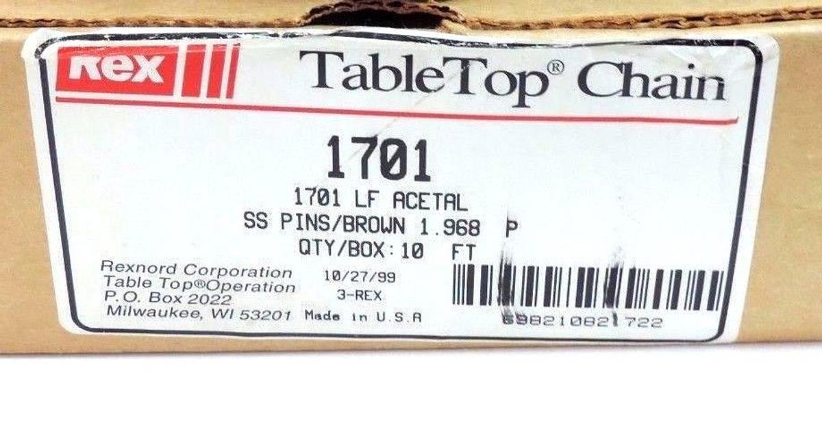 Used NIB REXNORD 1701-LF ACETAL TABLE TOP CHAIN SS PINS 2.09" WIDTH 1.97" PITCH