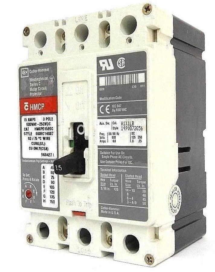 Used WESTINGHOUSE HMCP015E0C CIRCUIT BREAKER STYLE: 6638C14G07, SER. C, 15AMP, 3-POLE