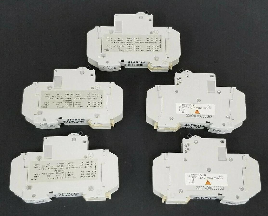 Used LOT OF 5 MERLIN GERIN CAT. NO. 60105 MULTI9 C60 CIRCUIT BREAKERS C4A 240V/60V