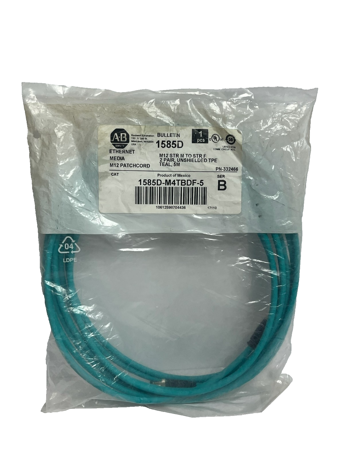 Allen-Bradley 1585D-M4TBDF-5 Ser. B Ethernet Patchcord M12 D-Code 5m 16.4ft Teal