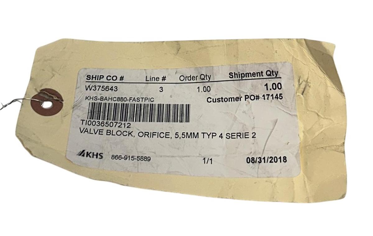 Used KHS TI0036507212 / TI0036507103 VALVE BLOCK 5.5mm ORIFICE TYPE 4 SERIES 2 NSNP