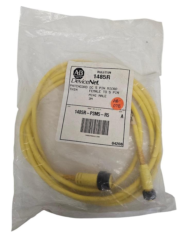 Used NEW ALLEN BRADLEY 1485R-P3M5-R5 SER. A PATCHCORD DC 5-PIN 3M LENGTH 1485RP3M5R5