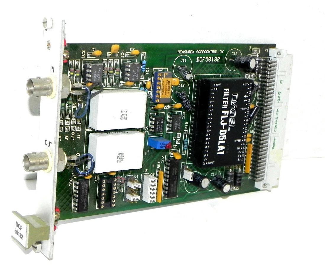 Used MEASUREX SAFECONTROL OY DCF50132 PC BOARD W/ DATEL FLJ-D5LA1 FILTER