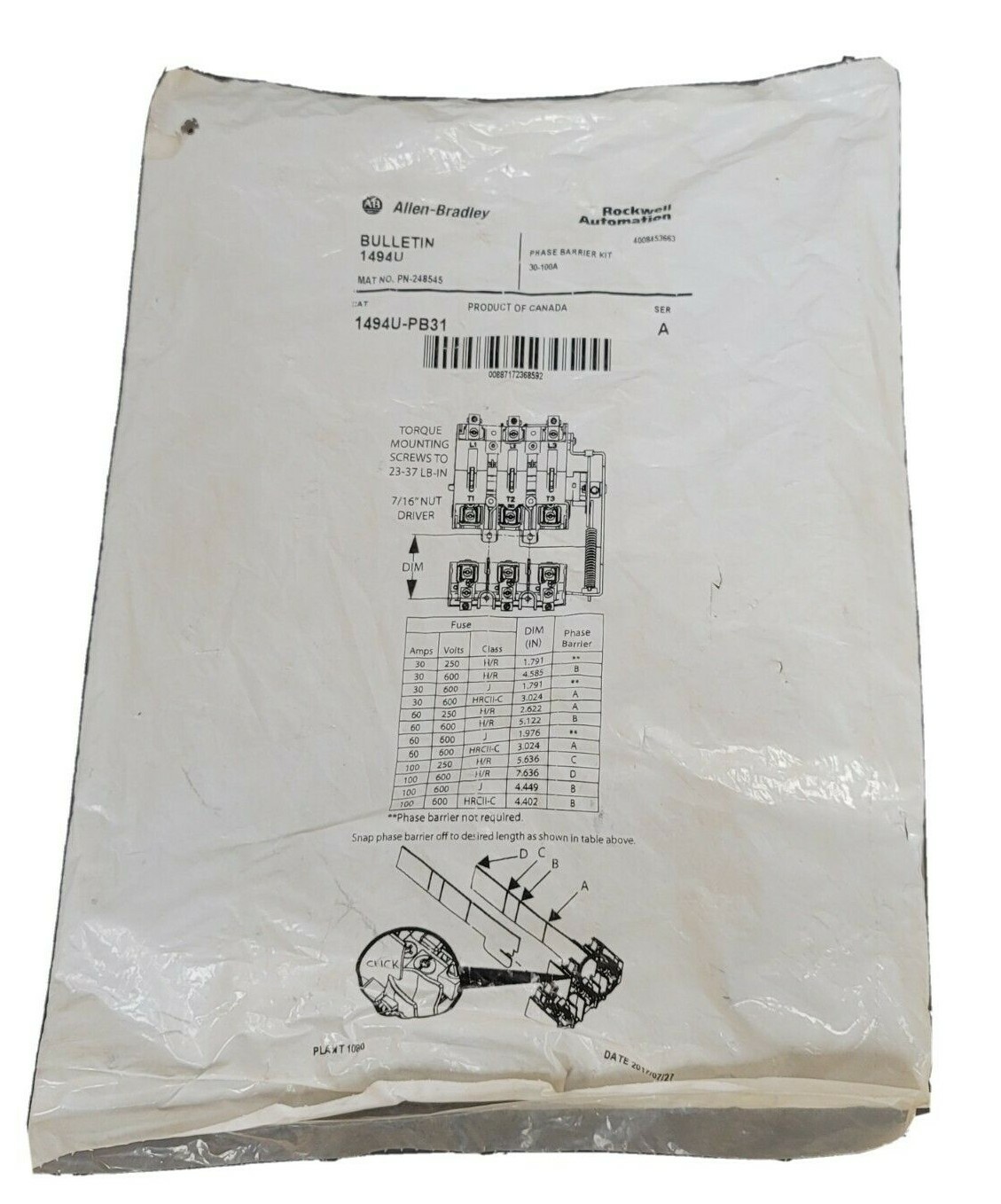 NEW ALLEN BRADLEY 1494U-PB31 PHASE BARRIER KIT 1494UPB31 SER. A