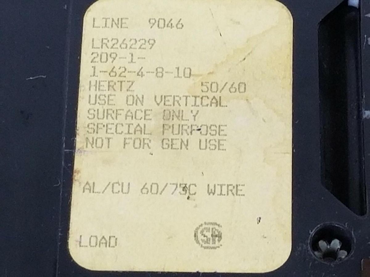 Used SENSATA / AIRPAX 209-1-1-62-4-8-10 CIRCUIT BREAKER LR26229 1P MG-6872 120/240VAC