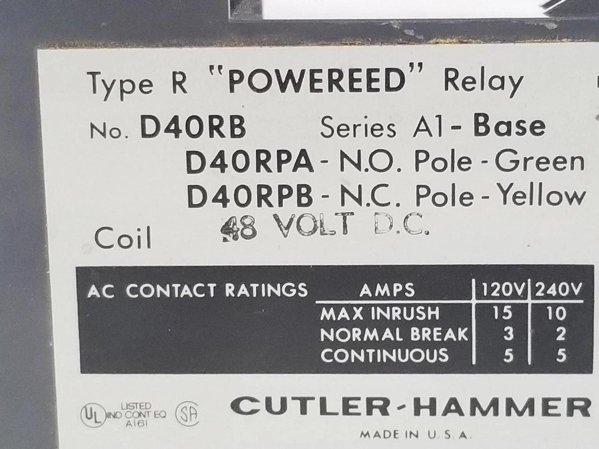 Used CUTLER-HAMMER TYPE R POWERED RELAY NO. D40RB, SER. A1