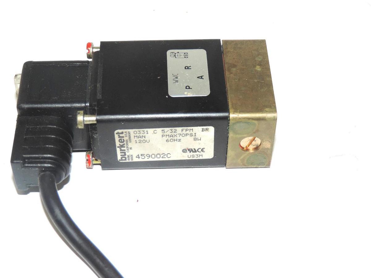 Used LOT OF 6 BURKERT 0331 SOLENOID VAVLVES WITH CNE MA6-V5 CONNECTOR CABLES